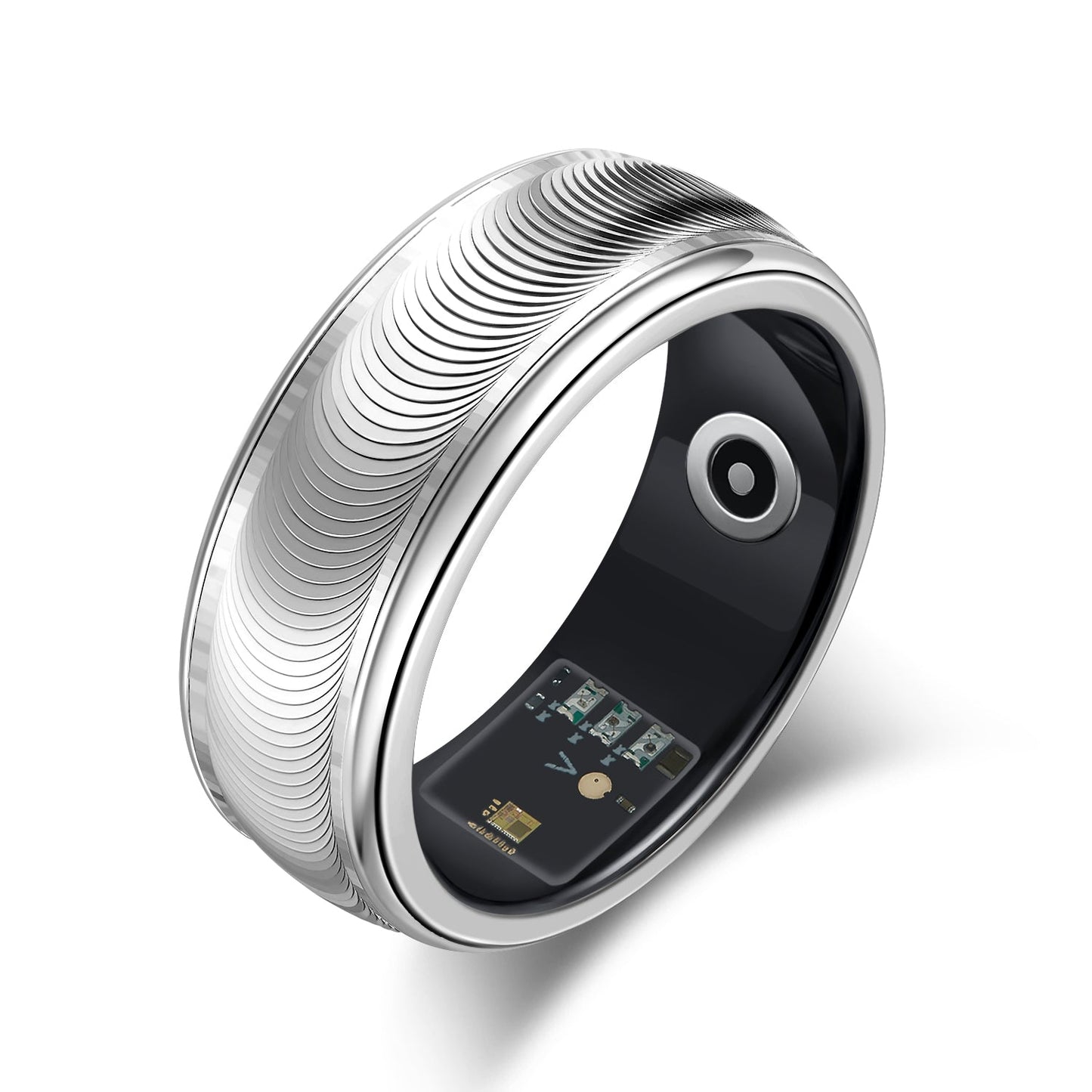 Elegant Silver Smart Ring for Health Monitoring with Motion Sensors